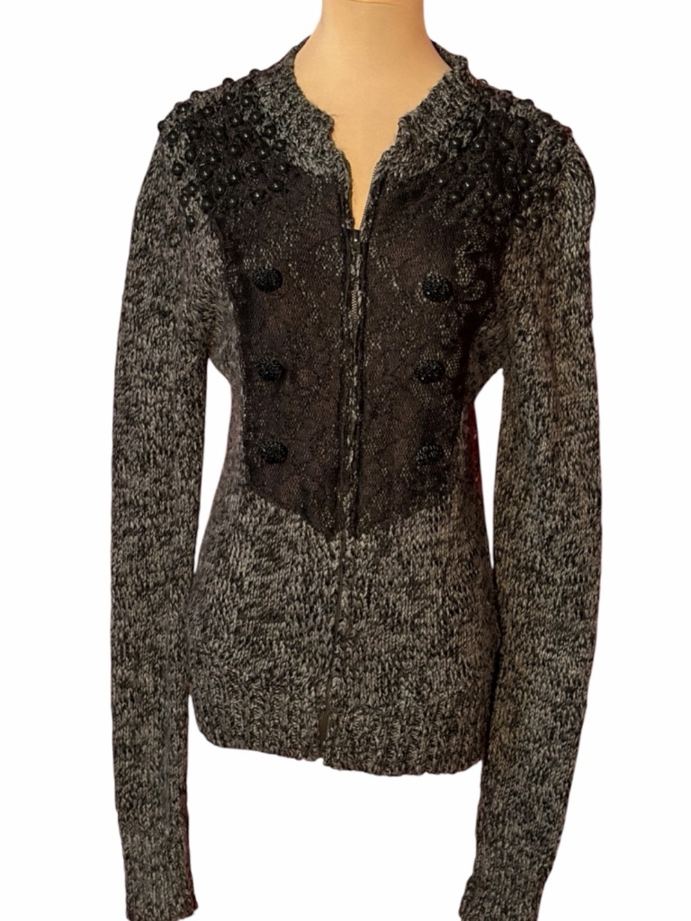 BKE Black Gray Marled Knit Zip Front Cardigan Sweater Embellished Yoke Large